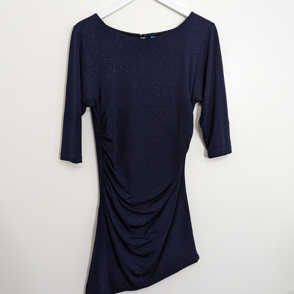 Alice + Olivia Navy Sparkly Medium Dress With Asymmetrical Hem - Picture 3 of 9